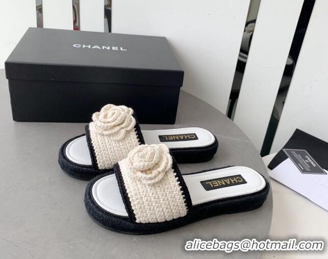 Pretty Style Chanel Camellia Bloom Crochet Flat Slide Sandals White 328061