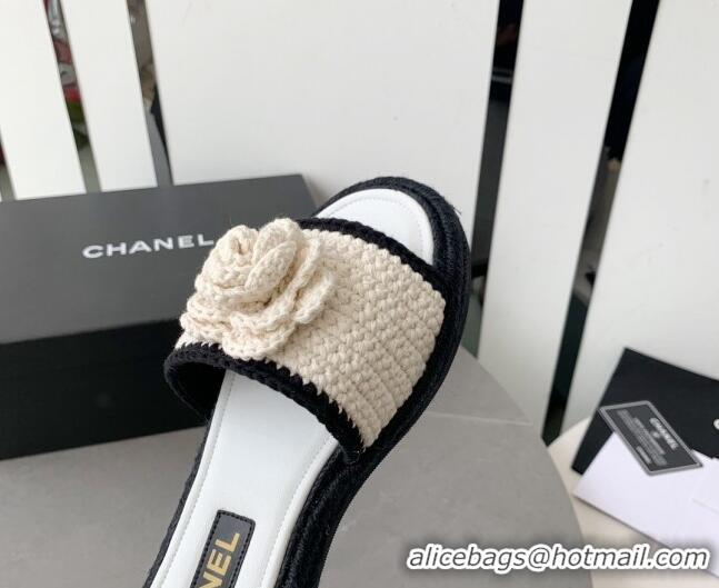 Pretty Style Chanel Camellia Bloom Crochet Flat Slide Sandals White 328061