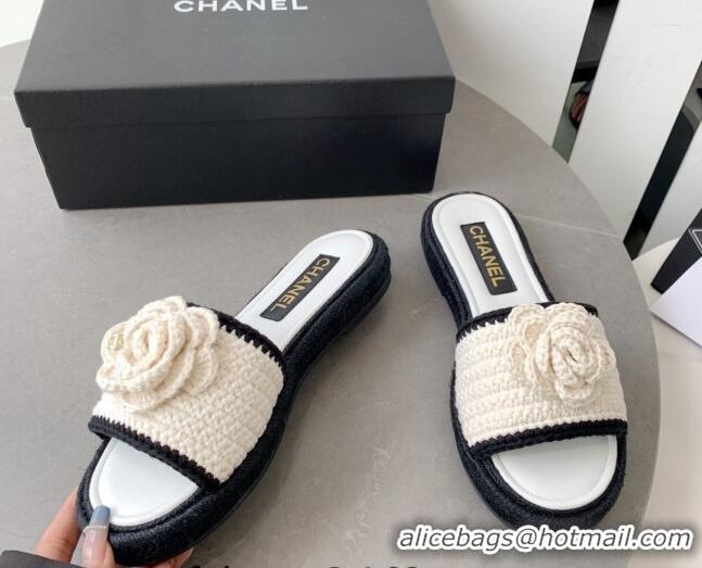 Pretty Style Chanel Camellia Bloom Crochet Flat Slide Sandals White 328061