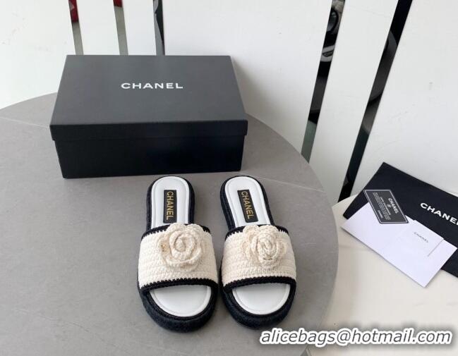 Pretty Style Chanel Camellia Bloom Crochet Flat Slide Sandals White 328061