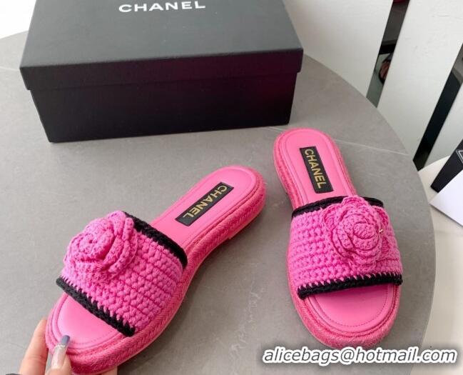 Leisure Chanel Camellia Bloom Crochet Flat Slide Sandals Dark Pink 328062