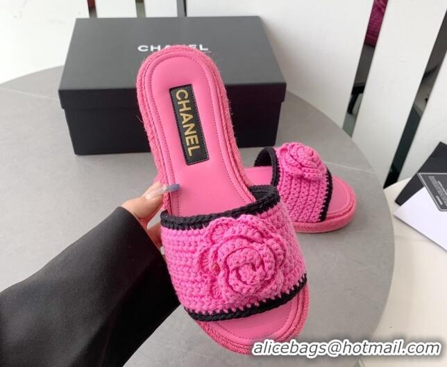 Leisure Chanel Camellia Bloom Crochet Flat Slide Sandals Dark Pink 328062