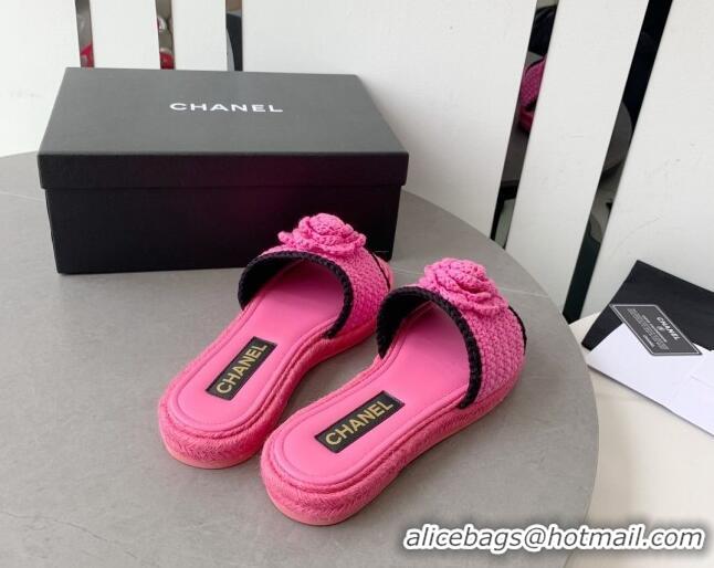 Leisure Chanel Camellia Bloom Crochet Flat Slide Sandals Dark Pink 328062