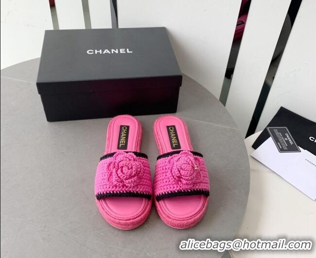 Leisure Chanel Camellia Bloom Crochet Flat Slide Sandals Dark Pink 328062