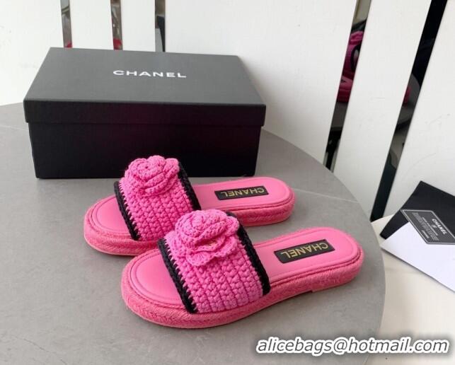 Leisure Chanel Camellia Bloom Crochet Flat Slide Sandals Dark Pink 328062