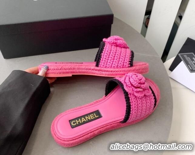 Leisure Chanel Camellia Bloom Crochet Flat Slide Sandals Dark Pink 328062