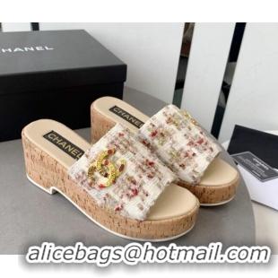 Best Product Chanel Tweed Platform Heel Slide Sandals 7.5cm Beige 328063