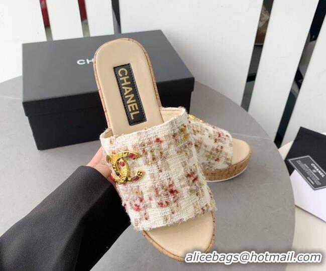 Best Product Chanel Tweed Platform Heel Slide Sandals 7.5cm Beige 328063