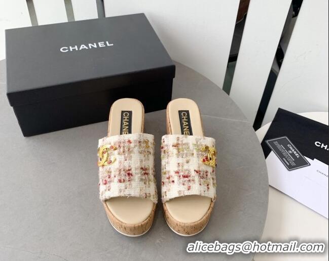 Best Product Chanel Tweed Platform Heel Slide Sandals 7.5cm Beige 328063