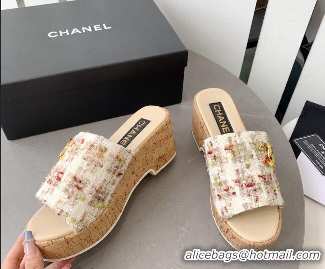 Best Product Chanel Tweed Platform Heel Slide Sandals 7.5cm Beige 328063