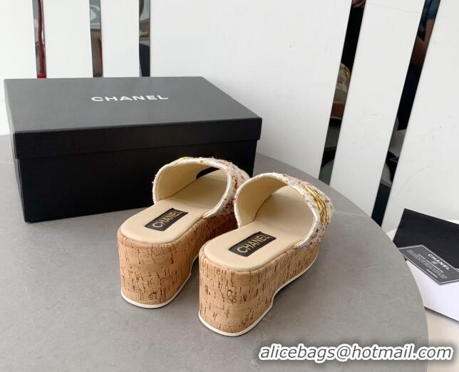 Best Product Chanel Tweed Platform Heel Slide Sandals 7.5cm Beige 328063