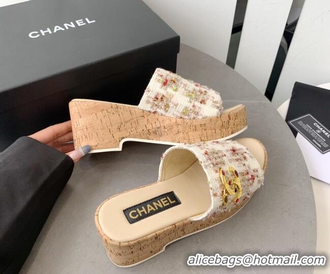 Best Product Chanel Tweed Platform Heel Slide Sandals 7.5cm Beige 328063