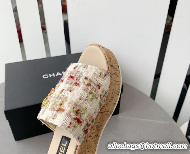 Best Product Chanel Tweed Platform Heel Slide Sandals 7.5cm Beige 328063