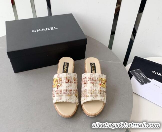 Perfect Chanel Tweed Platform Heel Slide Sandals 5.5cm Beige 328064