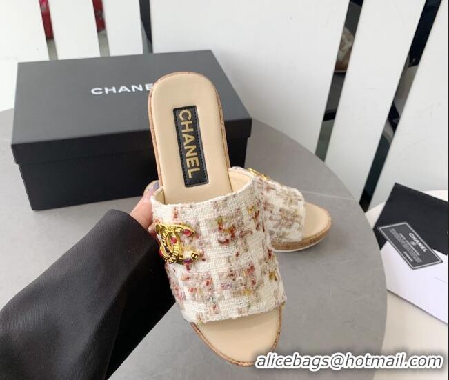 Perfect Chanel Tweed Platform Heel Slide Sandals 5.5cm Beige 328064