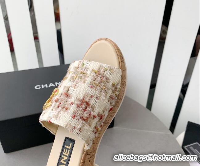 Perfect Chanel Tweed Platform Heel Slide Sandals 5.5cm Beige 328064