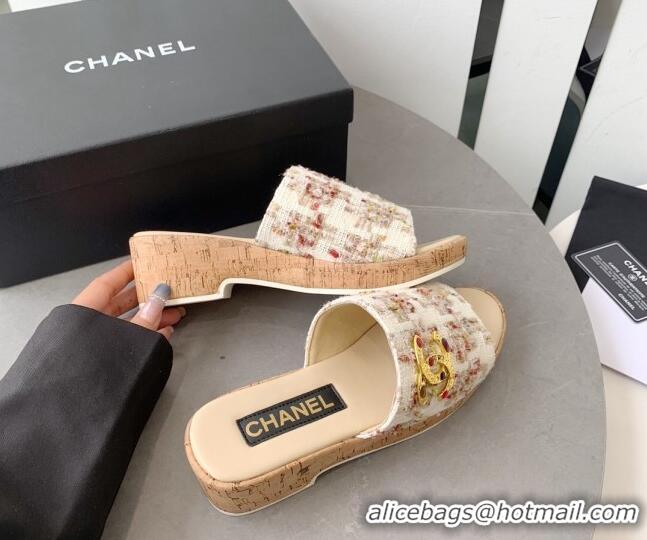 Perfect Chanel Tweed Platform Heel Slide Sandals 5.5cm Beige 328064