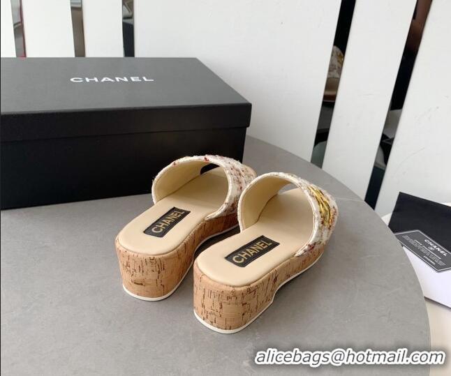 Perfect Chanel Tweed Platform Heel Slide Sandals 5.5cm Beige 328064