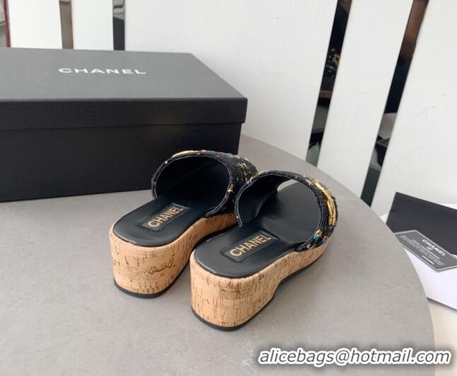 Unique Style Chanel Tweed Platform Heel Slide Sandals 5.5cm Black 328066