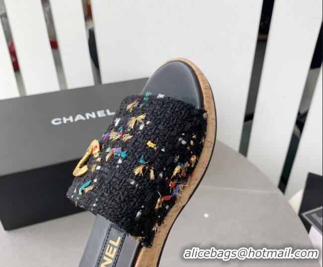 Unique Style Chanel Tweed Platform Heel Slide Sandals 5.5cm Black 328066