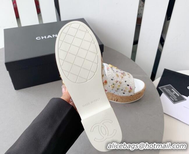 Best Price Chanel Tweed Platform Heel Slide Sandals 7.5cm White 328067