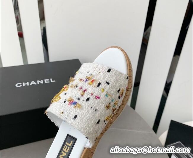 Good Looking Chanel Tweed Platform Heel Slide Sandals 5.5cm White 328068