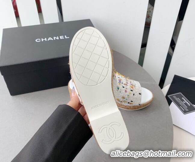 Good Looking Chanel Tweed Platform Heel Slide Sandals 5.5cm White 328068