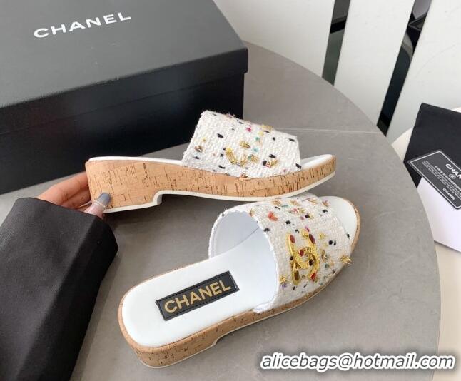 Good Looking Chanel Tweed Platform Heel Slide Sandals 5.5cm White 328068