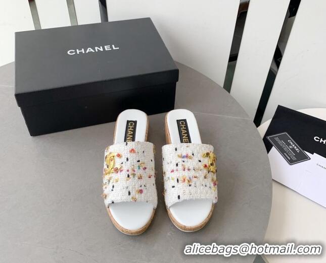 Good Looking Chanel Tweed Platform Heel Slide Sandals 5.5cm White 328068