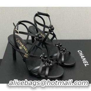 Luxury Cheap Chanel Lambskin Heel Sandals with Strap Bloom Black 328070