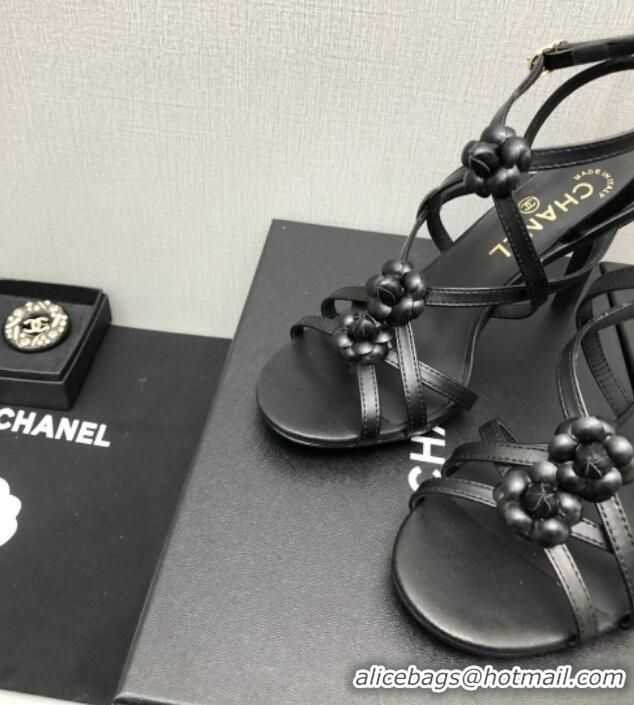 Luxury Cheap Chanel Lambskin Heel Sandals with Strap Bloom Black 328070