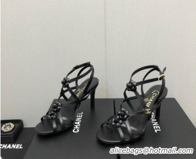 Luxury Cheap Chanel Lambskin Heel Sandals with Strap Bloom Black 328070