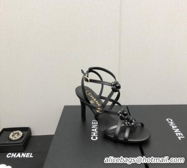 Luxury Cheap Chanel Lambskin Heel Sandals with Strap Bloom Black 328070