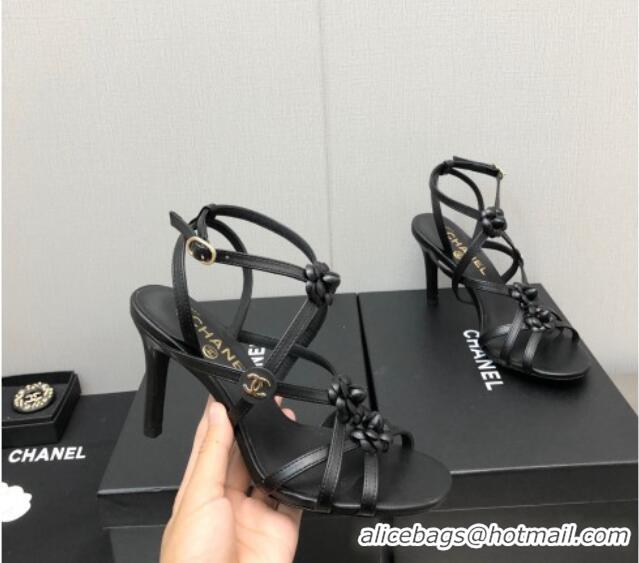 Luxury Cheap Chanel Lambskin Heel Sandals with Strap Bloom Black 328070