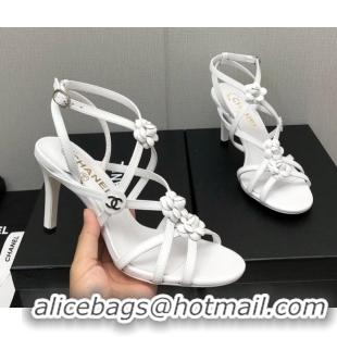 Good Quality Chanel Lambskin Heel Sandals with Strap Bloom White 328071