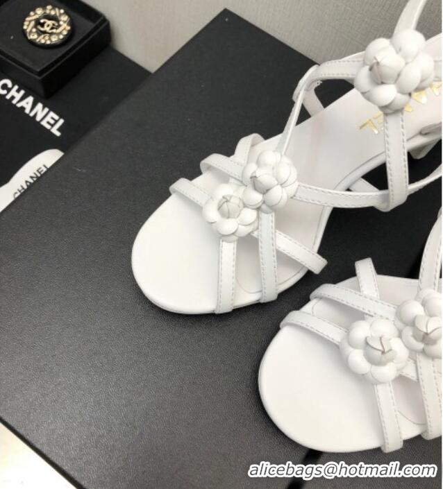 Good Quality Chanel Lambskin Heel Sandals with Strap Bloom White 328071