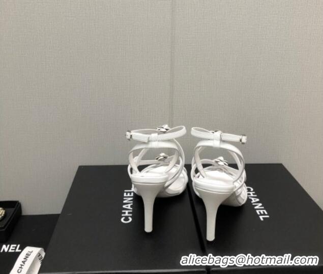 Good Quality Chanel Lambskin Heel Sandals with Strap Bloom White 328071