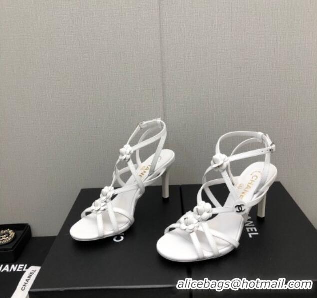 Good Quality Chanel Lambskin Heel Sandals with Strap Bloom White 328071