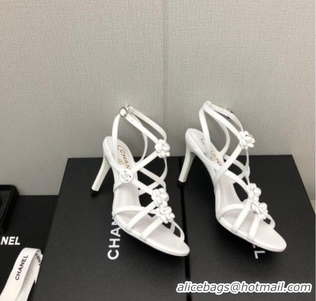 Good Quality Chanel Lambskin Heel Sandals with Strap Bloom White 328071