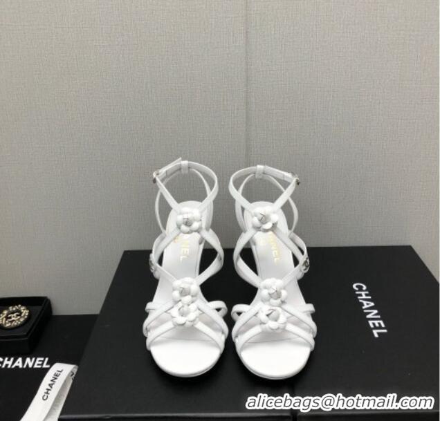 Good Quality Chanel Lambskin Heel Sandals with Strap Bloom White 328071