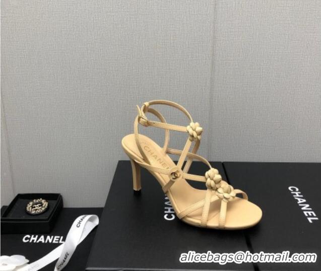 Classic Hot Chanel Lambskin Heel Sandals with Strap Bloom Beige 328072