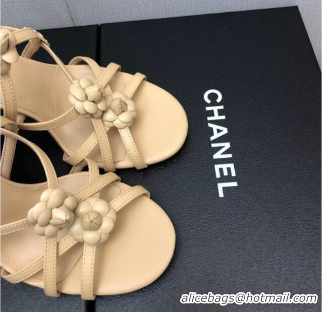 Classic Hot Chanel Lambskin Heel Sandals with Strap Bloom Beige 328072