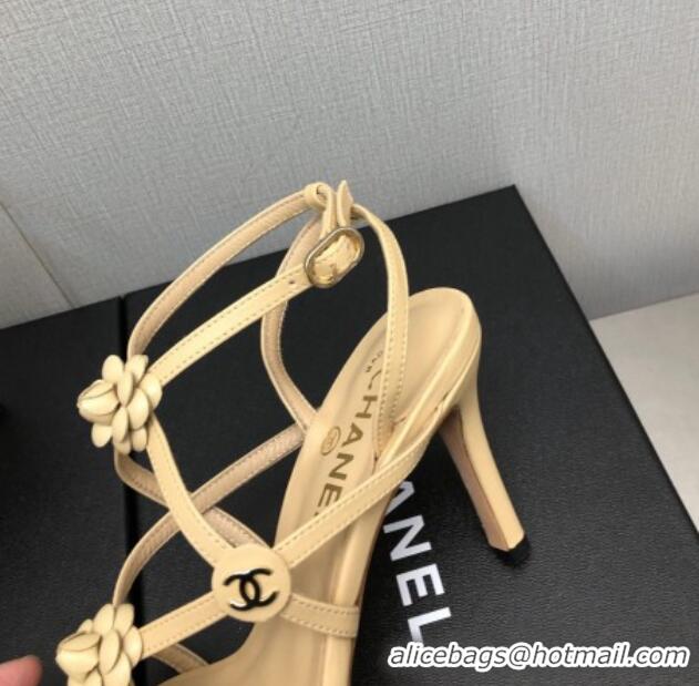 Classic Hot Chanel Lambskin Heel Sandals with Strap Bloom Beige 328072