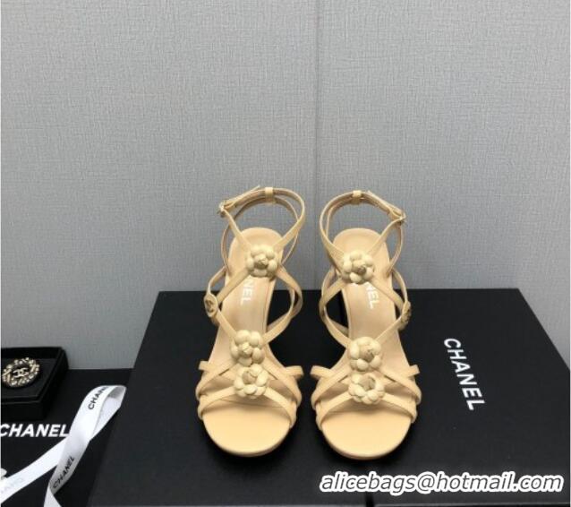 Classic Hot Chanel Lambskin Heel Sandals with Strap Bloom Beige 328072