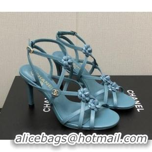 Grade Quality Chanel Lambskin Heel Sandals with Strap Bloom Blue 328073