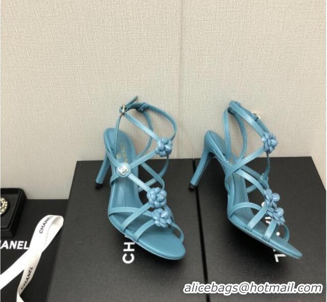 Grade Quality Chanel Lambskin Heel Sandals with Strap Bloom Blue 328073