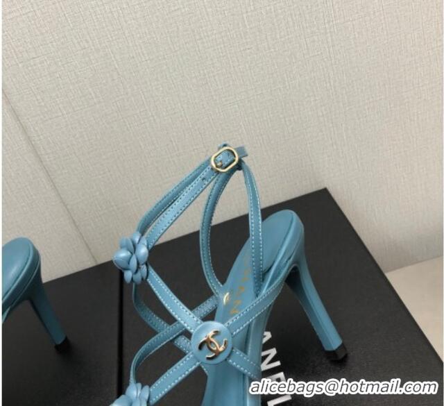 Grade Quality Chanel Lambskin Heel Sandals with Strap Bloom Blue 328073