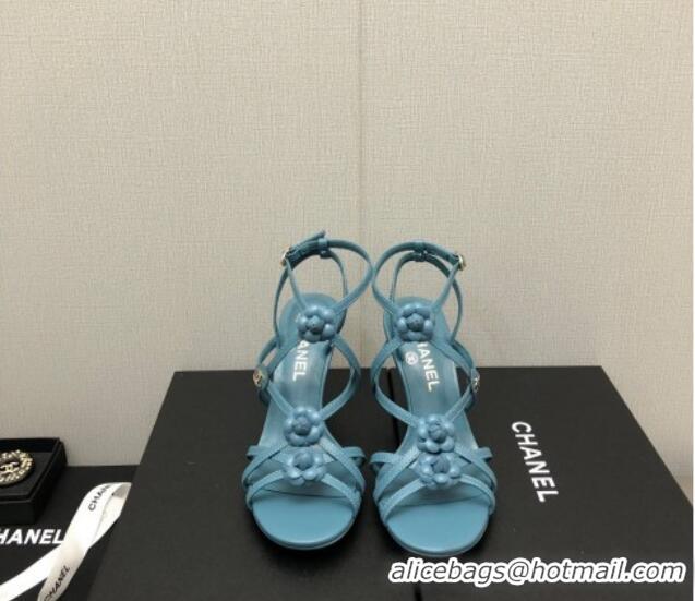 Grade Quality Chanel Lambskin Heel Sandals with Strap Bloom Blue 328073