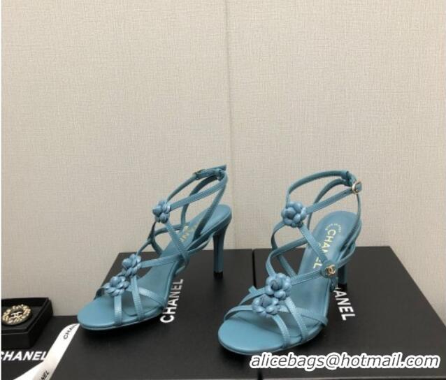 Grade Quality Chanel Lambskin Heel Sandals with Strap Bloom Blue 328073