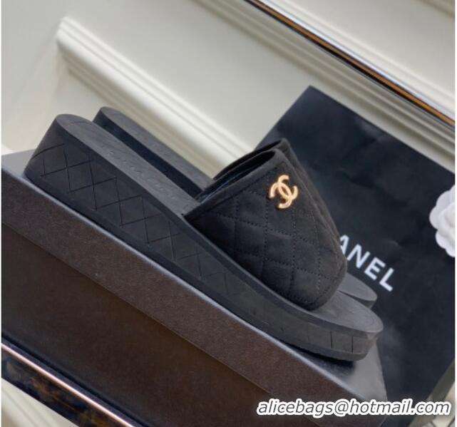 Charming Chanel Quilted Suede Platform Flat Slide Sandals Black 328074